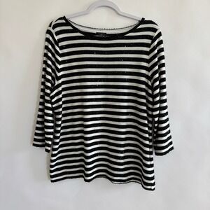Talbots Black White Striped Sequin Sweater 3/4 Sleeve 1X Holiday NYE Festive